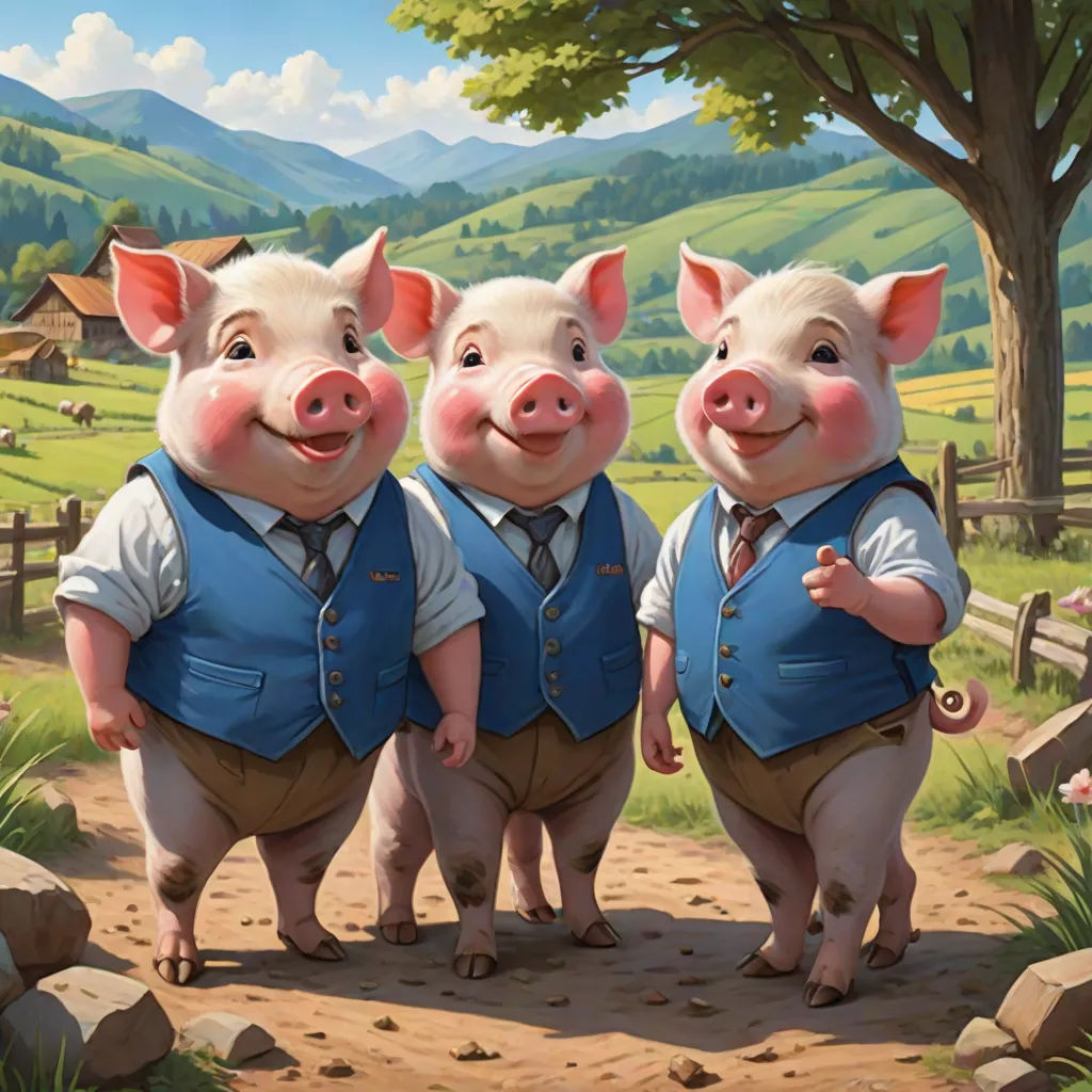 three pigs wearing vests and ties standing in a field with a fence and a tree in the background, sots art, a storybook illustration, Chris Rahn, trending on art station
