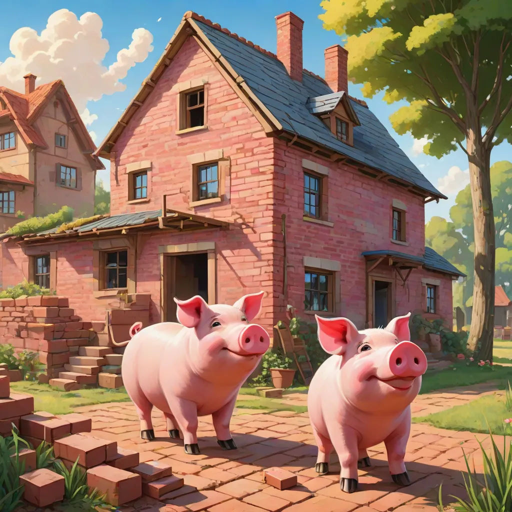 two pigs standing in front of a house on a brick walkway with a brick walkway leading to it and a brick house in the background, american scene painting, a detailed matte painting, Chris LaBrooy, 2 d game art