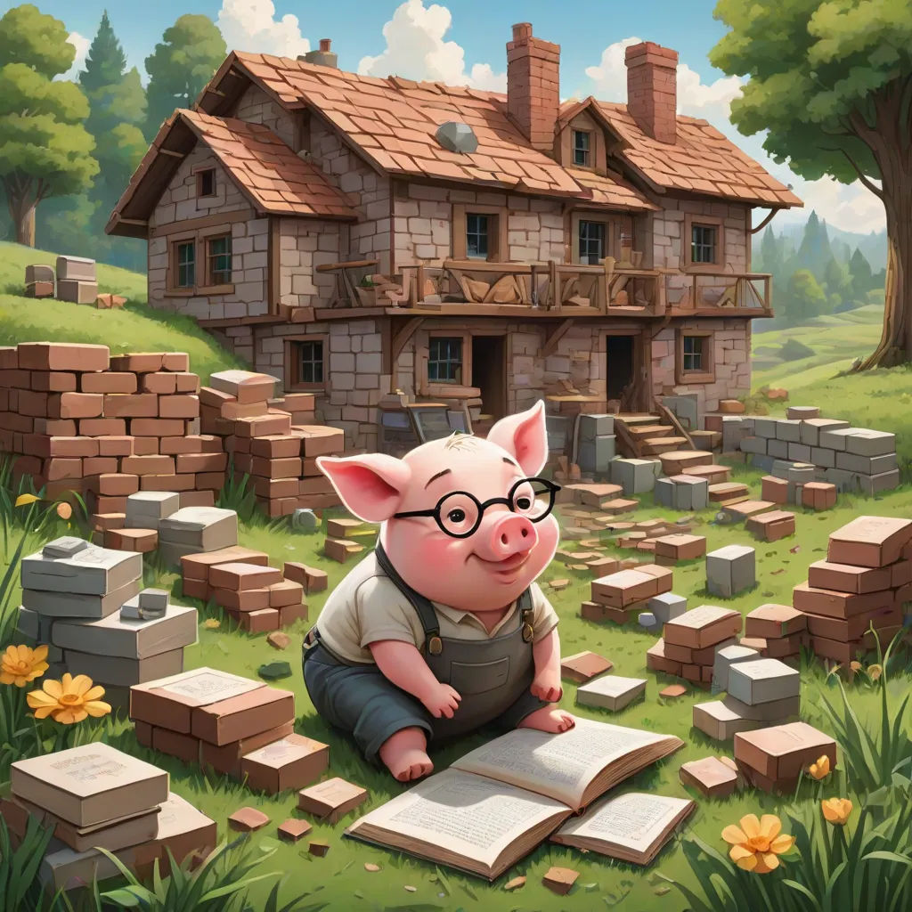 a pig sitting on a book in front of a house with a pig in the yard and a pig in the grass, fantasy art, a storybook illustration, Chris LaBrooy, storybook illustration