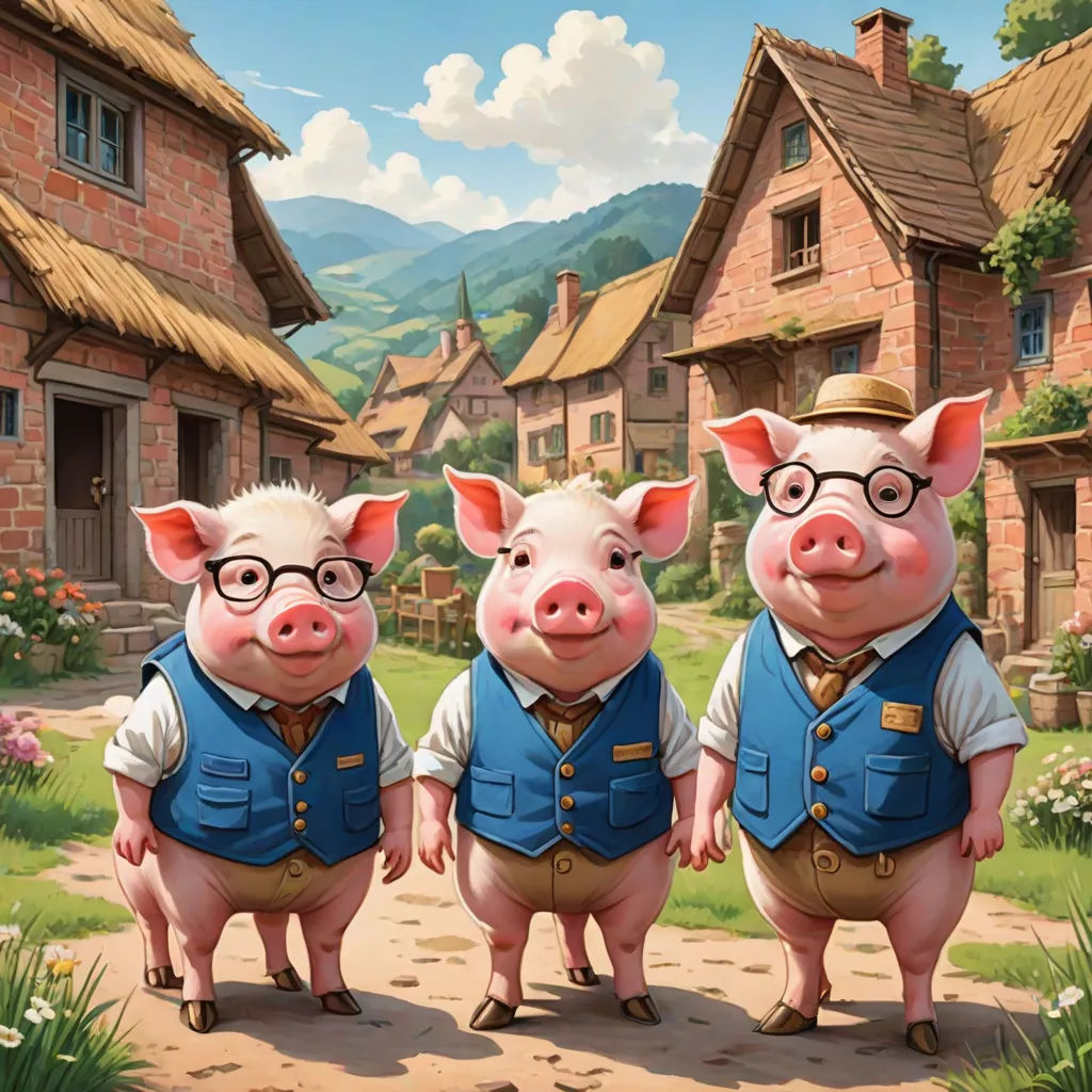 three pigs wearing glasses and vests standing in front of a village with a pig in the foreground, fantasy art, a storybook illustration, Chris LaBrooy, hearthstone