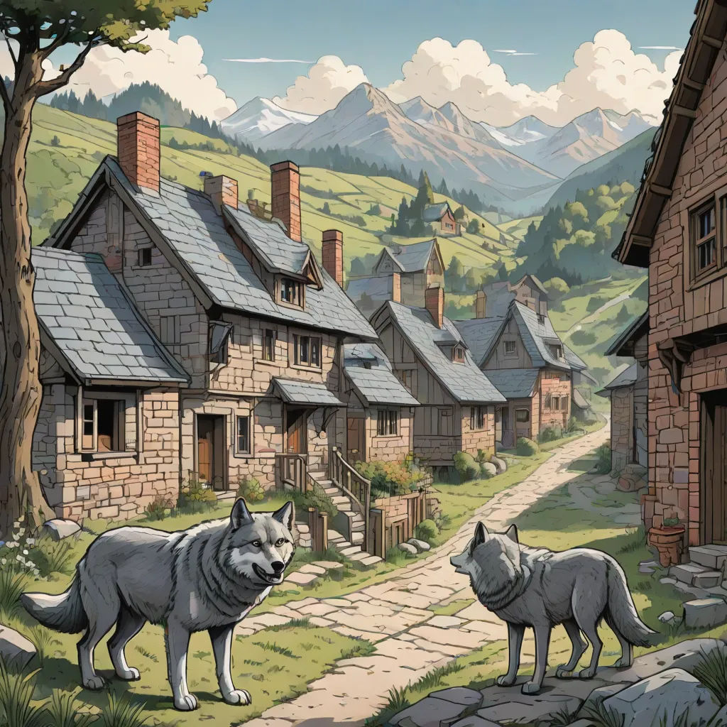 a painting of two wolfs in front of a village with mountains in the background and a stone path leading to a stone building, fantasy art, a storybook illustration, Brothers Hildebrandt, storybook illustration