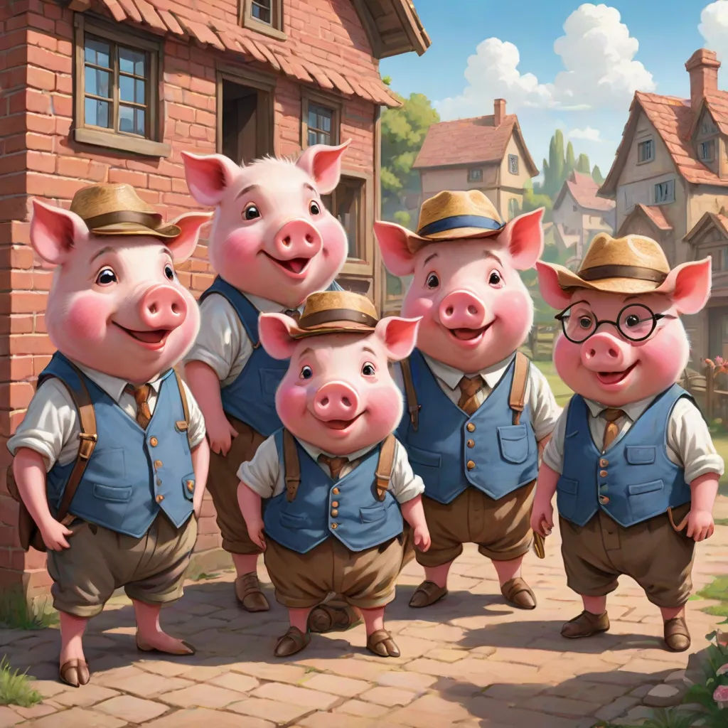 a group of pigs wearing vests and hats standing in front of a house with a brick walkway and a brick walkway, fantasy art, a storybook illustration, David Teniers III, stanley artgerm lau