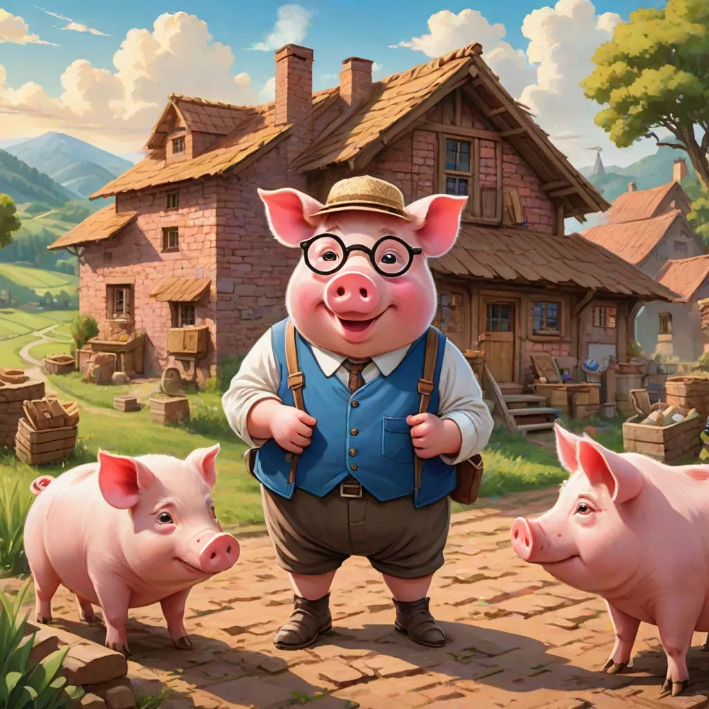a pig with glasses and a hat standing next to two pigs in front of a house with a pig on it, fantasy art, a storybook illustration, David Young Cameron, storybook illustration
