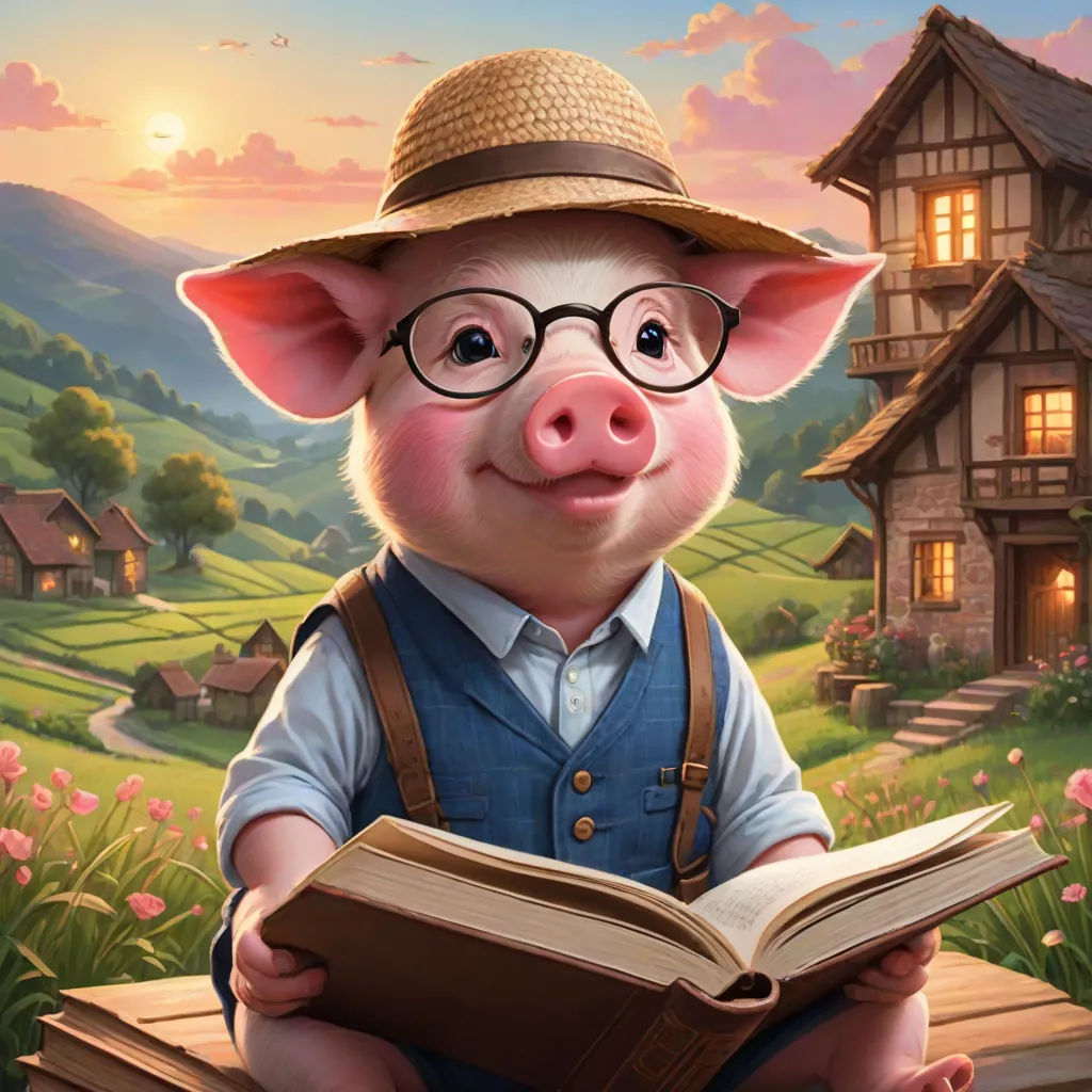 a pig with glasses and a hat is reading a book in front of a house with a sunset in the background, fantasy art, a storybook illustration, Cliff Childs, storybook illustration