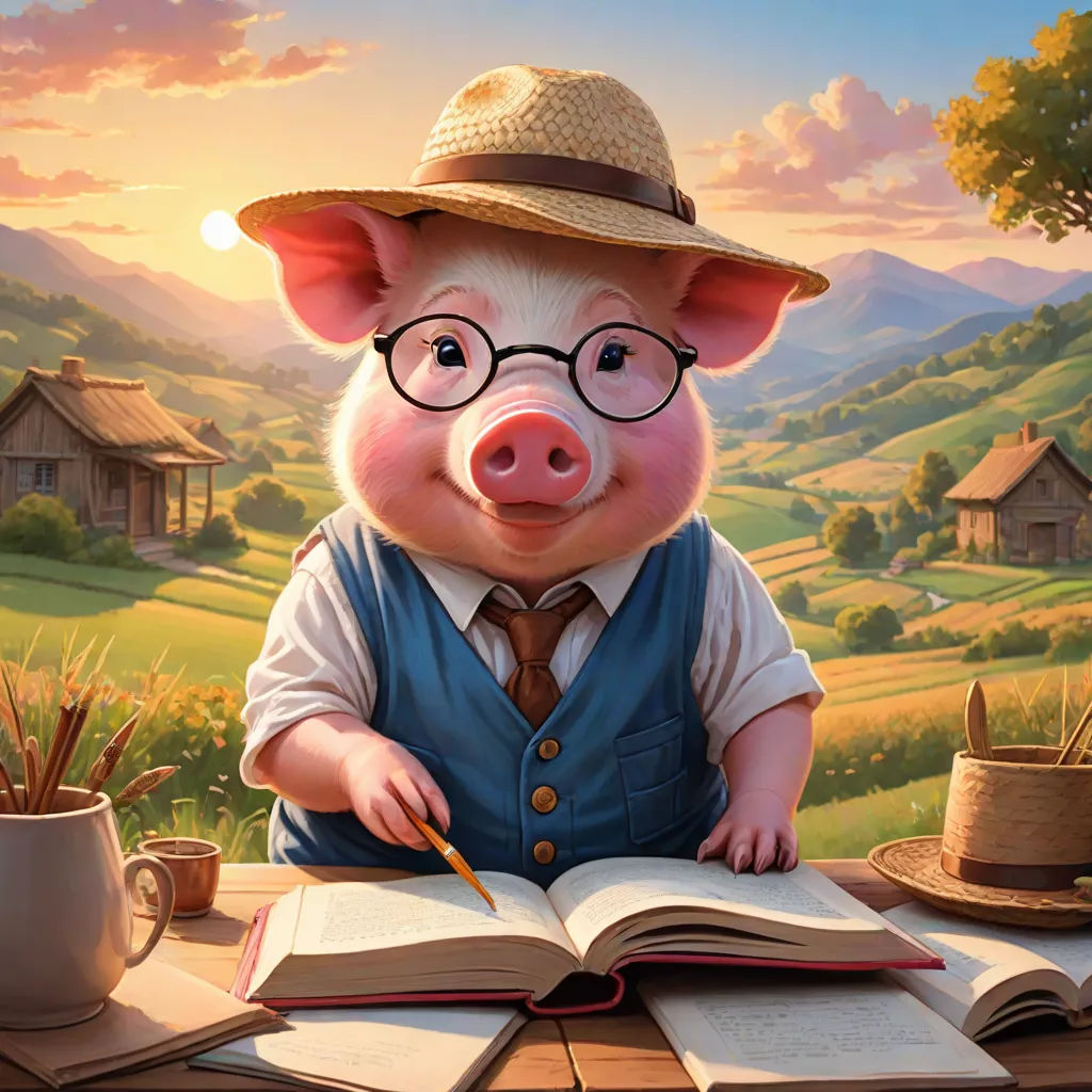 a pig with glasses and a hat is sitting at a table with a book and a cup of coffee, fantasy art, a storybook illustration, David Martin, storybook illustration