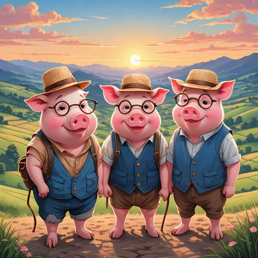 three pigs wearing glasses and hats standing on a dirt road with a sunset in the background and a field of flowers, sots art, a storybook illustration, David Teniers III, official art