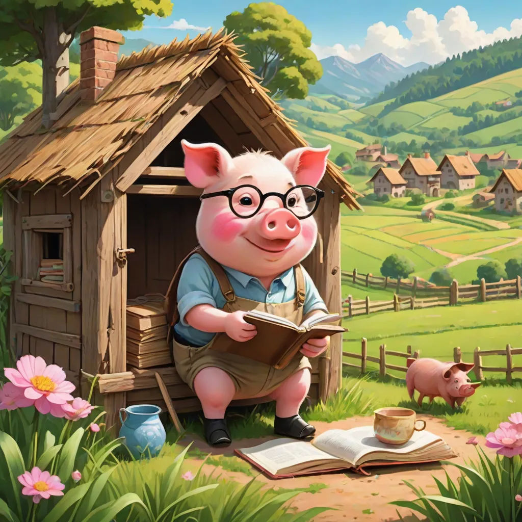 a pig is reading a book in a small hut with a pig on the other side of it and a pig on the other side of the house, fantasy art, a storybook illustration, Chris LaBrooy, storybook illustration