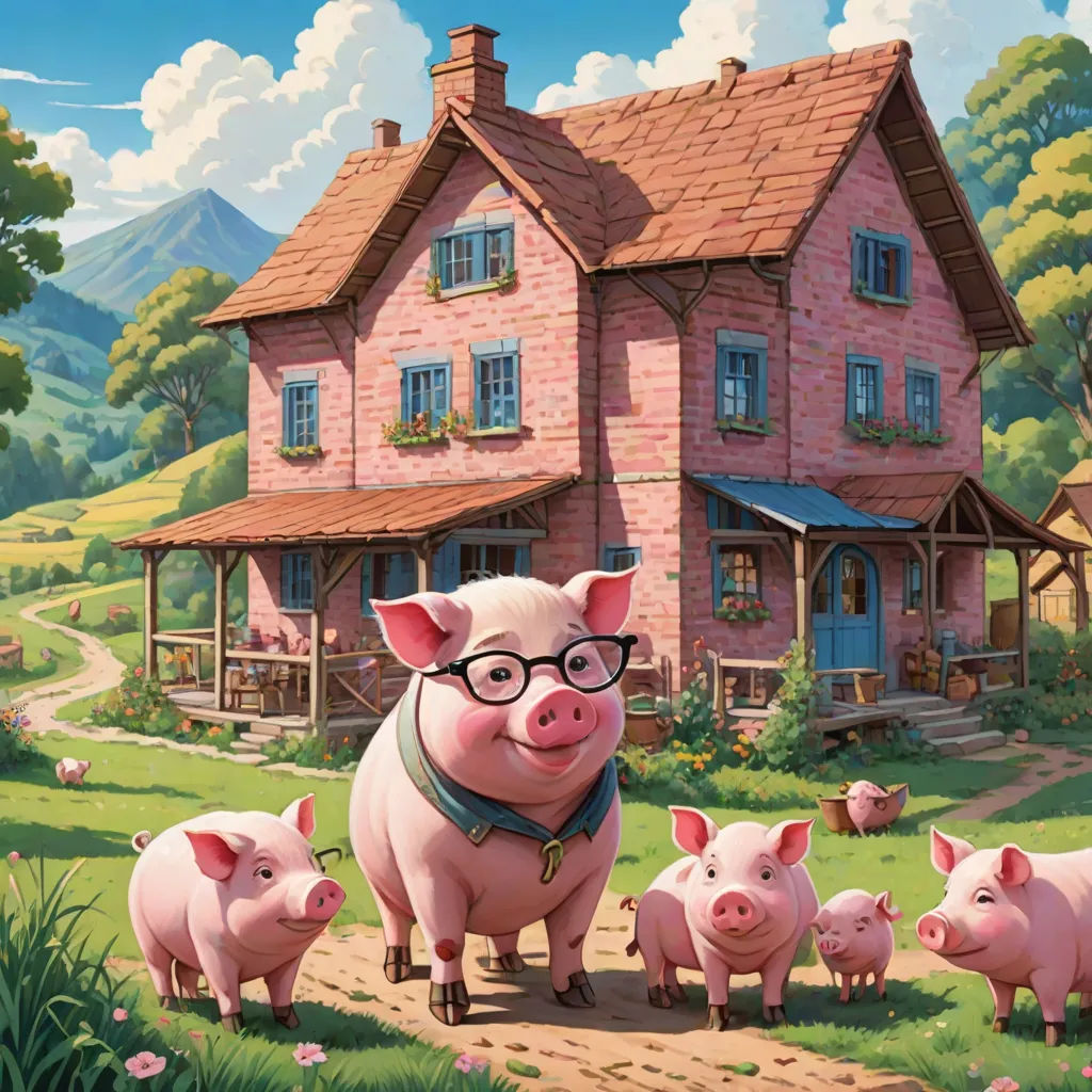 a pig with glasses standing in front of a family of pigs in front of a house with a pink roof, sots art, a storybook illustration, David Young Cameron, storybook illustration