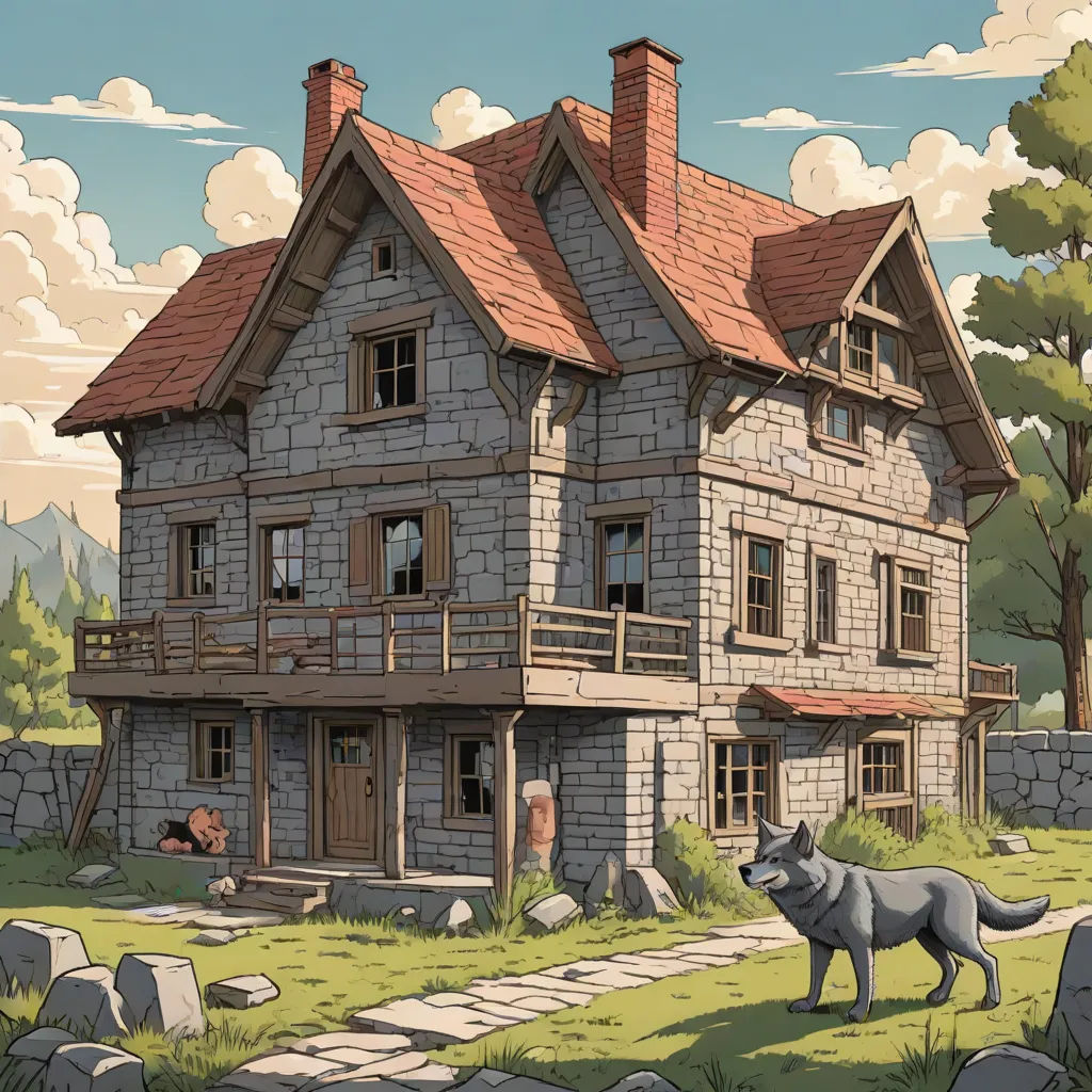 a drawing of a house with a wolf standing in front of it and a man in the background looking at the house, fantasy art, a storybook illustration, Dan Mumford, ghibli