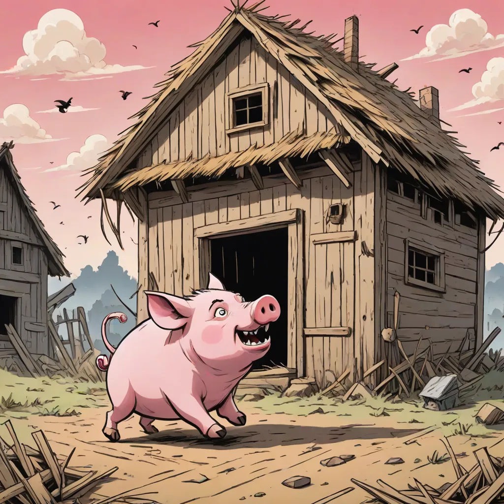 a pig is running towards a small house with a thatched roof and a pink sky in the background, fantasy art, a storybook illustration, Dan Mumford, storybook illustration