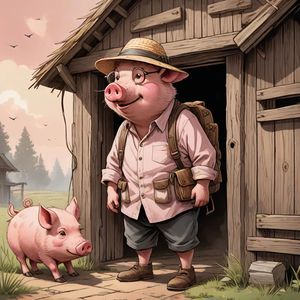 a pig and a man standing in a doorway of a barn with a pig in the doorway and a bird flying by, fantasy art, a storybook illustration, Chris LaBrooy, storybook illustration