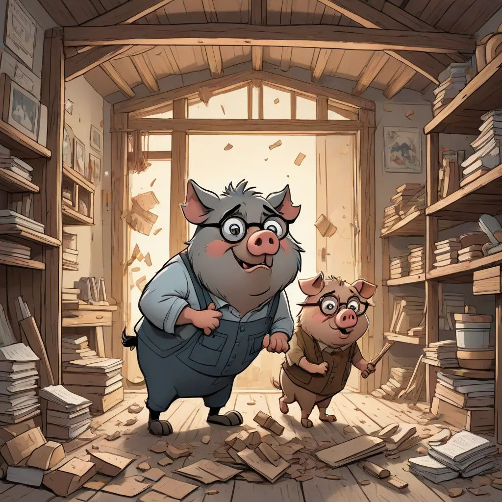 a pig and a piggy standing in a room full of books and bookshelves with a pig looking at the camera, sots art, a storybook illustration, Diego Gisbert Llorens, storybook illustration