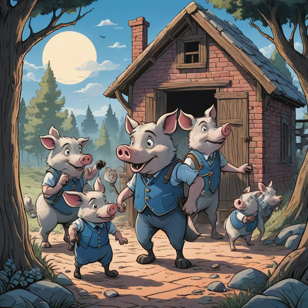 a group of pigs standing in front of a house with a pig in the middle of the picture and a pig in the middle of the picture, sots art, a storybook illustration, Dan Mumford, storybook illustration