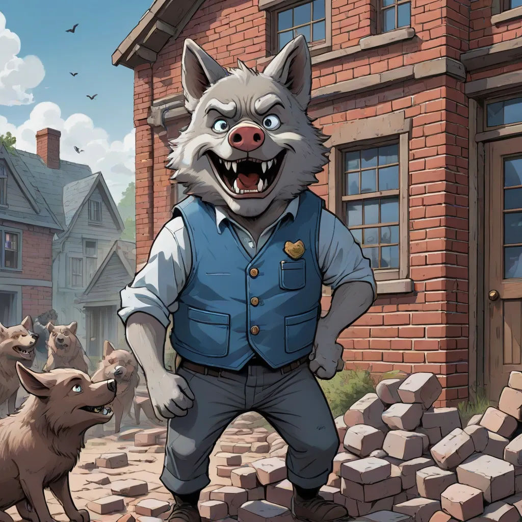 a wolf in a blue vest standing next to a pig in a brick yard with a house in the background, furry art, a storybook illustration, David Teniers III, official art