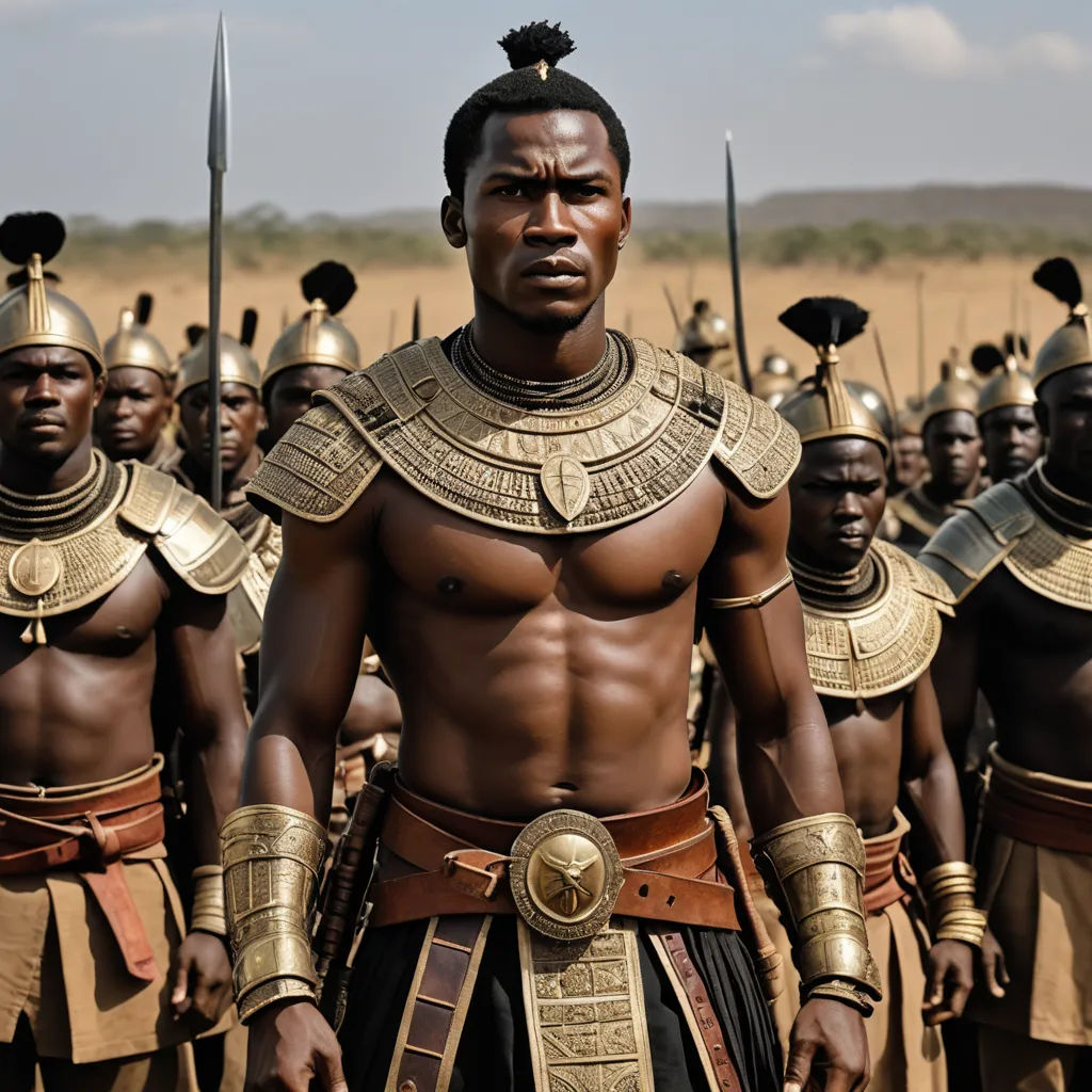 a group of men in costume standing in a field with swords in their hands and wearing armor and headdress, afrofuturism, a colorized photo, Bruce Onobrakpeya, vfx