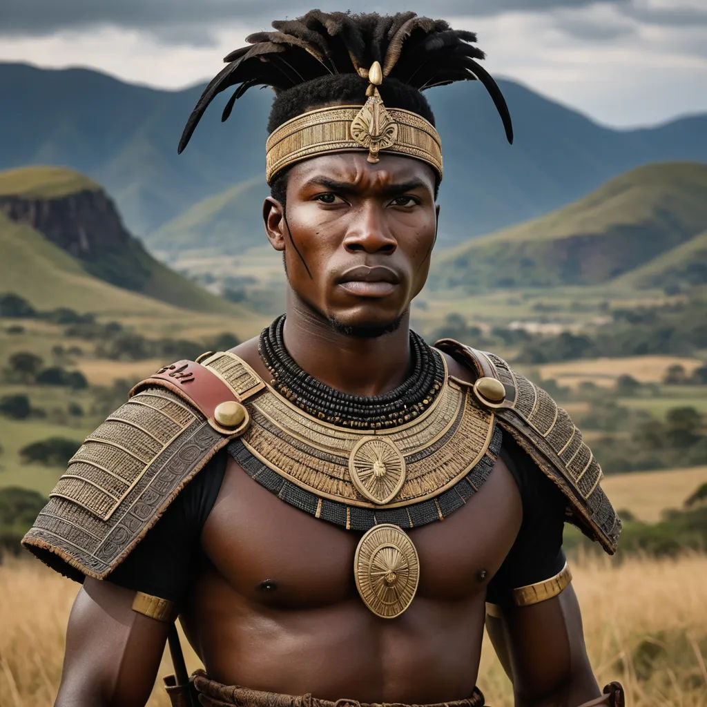 a man in a costume standing in a field with mountains in the background and a cloudy sky in the background, afrofuturism, a character portrait, Bruce Onobrakpeya, movie scene
