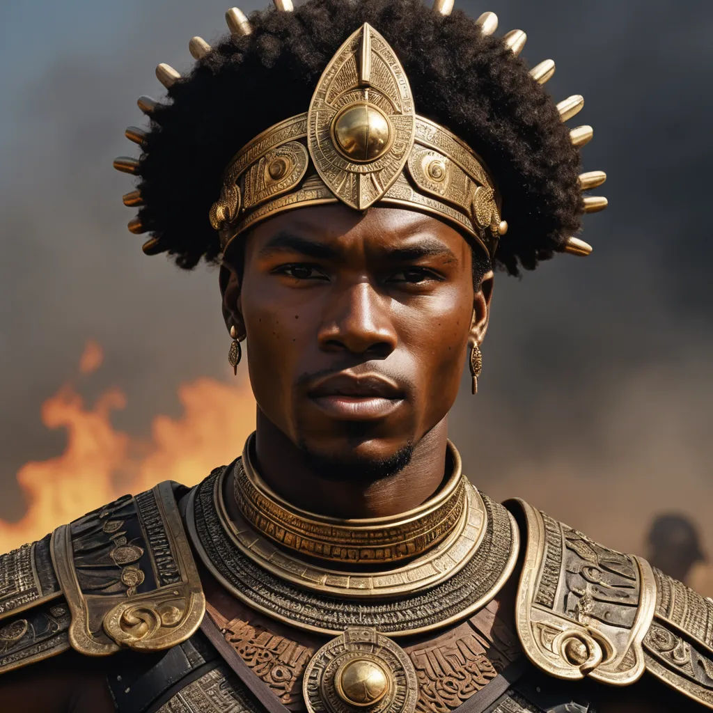 a man in a costume with a fire in the background and a sky in the background with clouds in the sky, afrofuturism, a character portrait, Bruce Onobrakpeya, promotional image