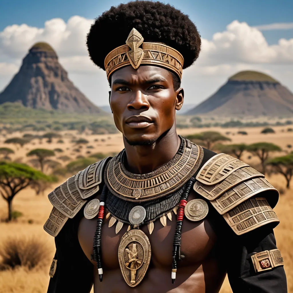 a man in a costume standing in a field with mountains in the background and a sky with clouds in the background, afrofuturism, a character portrait, Bruce Onobrakpeya, magnificent