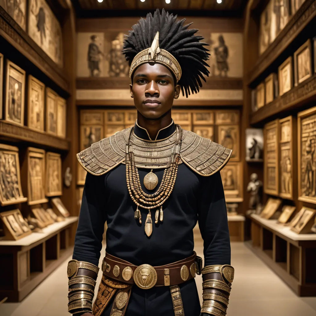 a man in a costume standing in a room with many gold paintings on the walls and a ceiling with lights, afrofuturism, a character portrait, Chinwe Chukwuogo-Roy, cinematic photography