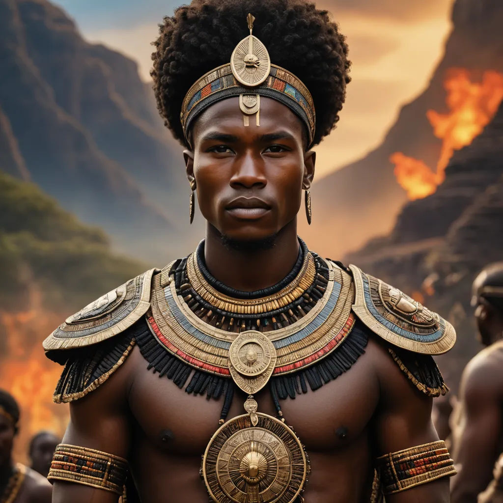 a man with a large head piece and a necklace on his neck and chest, standing in front of a mountain range, afrofuturism, a poster, Bruce Onobrakpeya, vfx