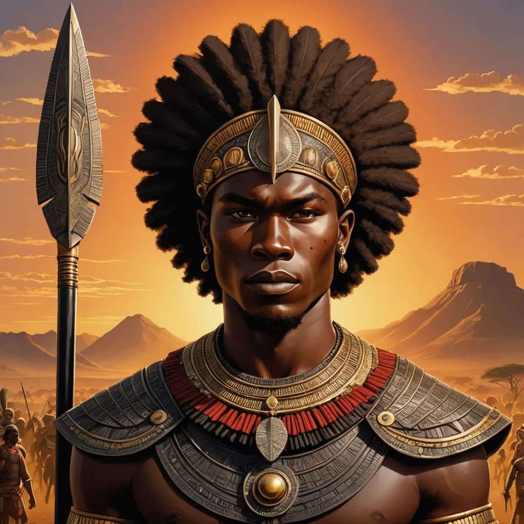 a painting of a black man with a large headdress and a spear in his hand, in front of a sunset, afrofuturism, a detailed painting, Chinwe Chukwuogo-Roy, highly detailed digital painting