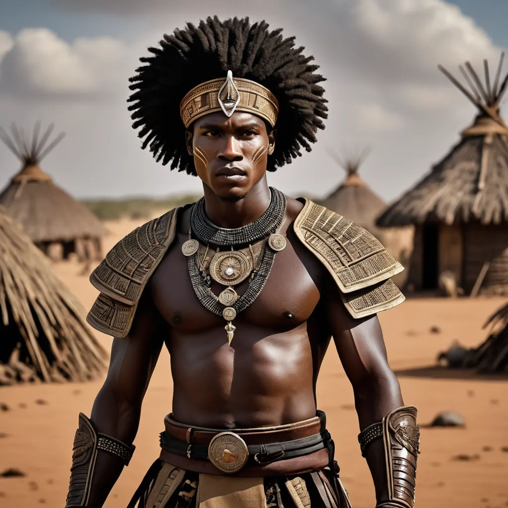 a man in a costume standing in front of a hut with thatched roof tops and a sky background, afrofuturism, a character portrait, Bruce Onobrakpeya, 8 k hd