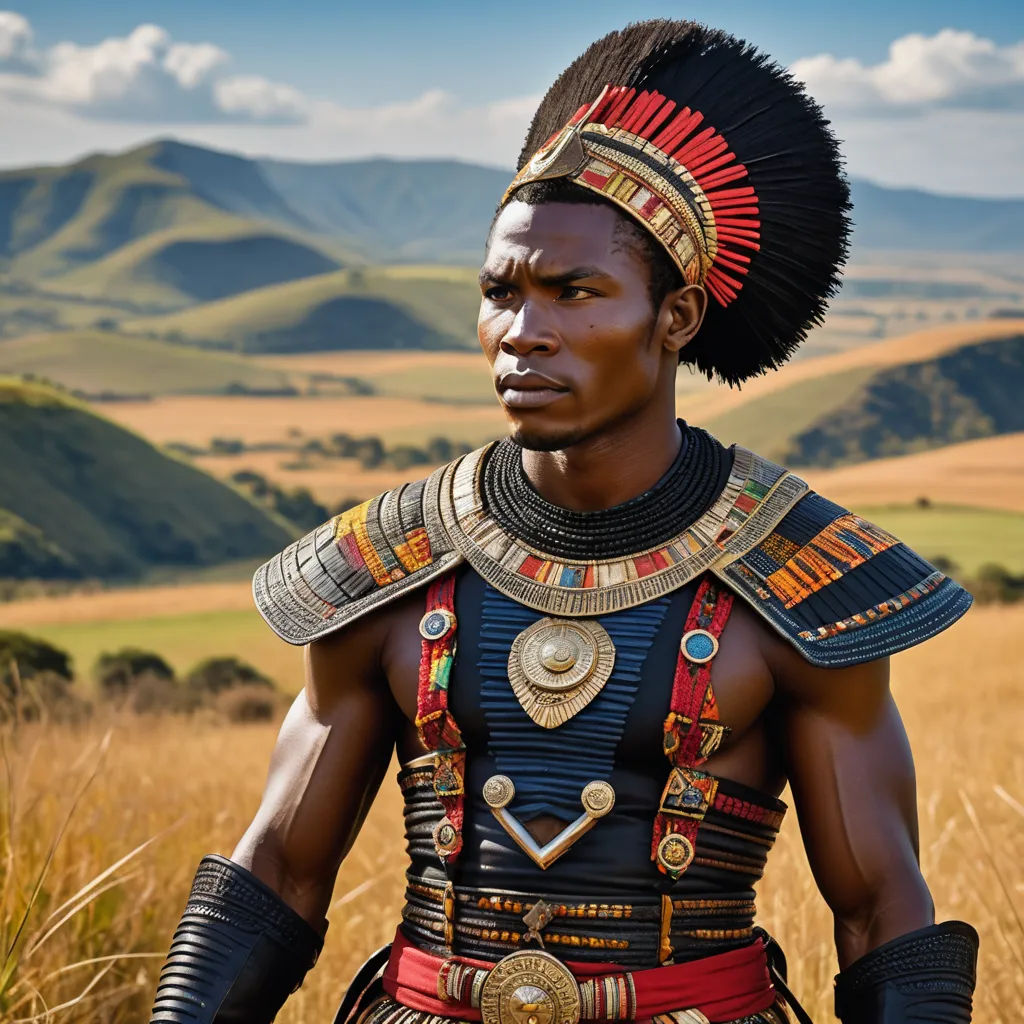 a man in a costume standing in a field of grass with mountains in the background and a blue sky, afrofuturism, a colorized photo, Bruce Onobrakpeya, movie still