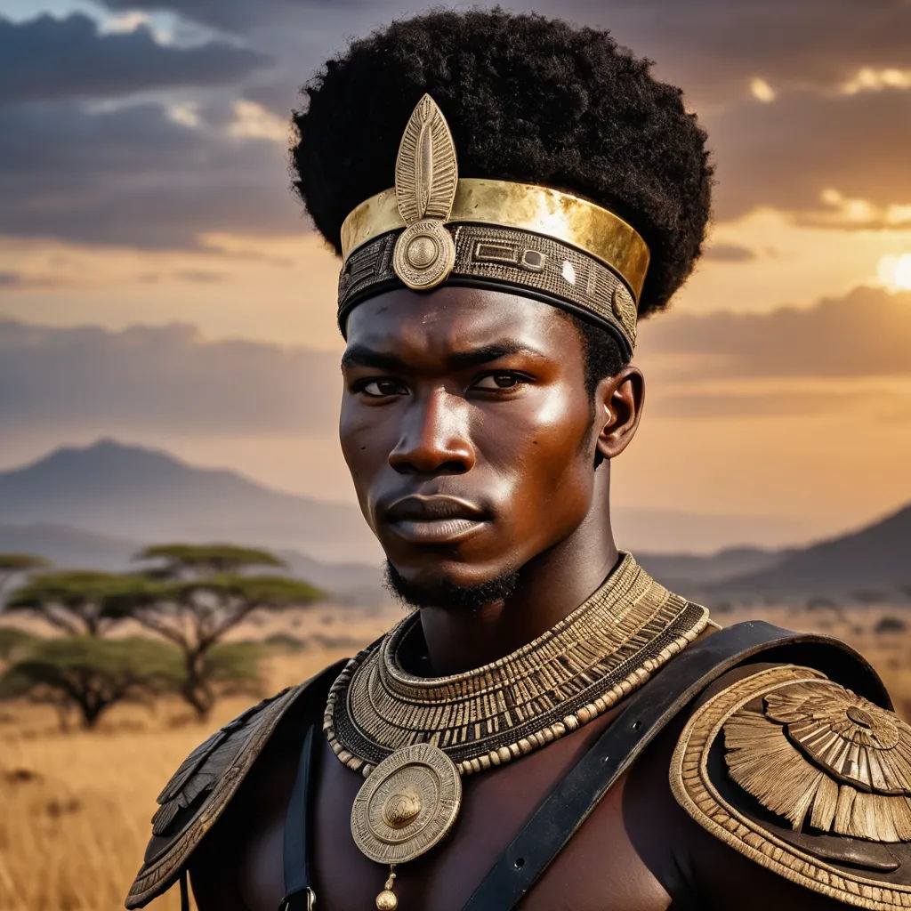 a man in a costume standing in a field with a sunset in the background and a mountain in the distance, afrofuturism, a colorized photo, Bruce Onobrakpeya, cinematic photography