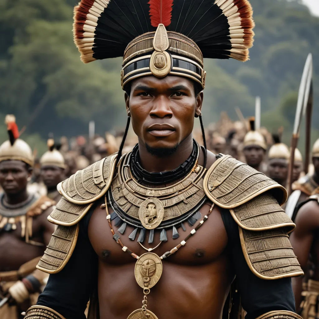 a man in a costume with a large headdress and a large sword in his hand and a group of men in costume, afrofuturism, a colorized photo, Bruce Onobrakpeya, movie still