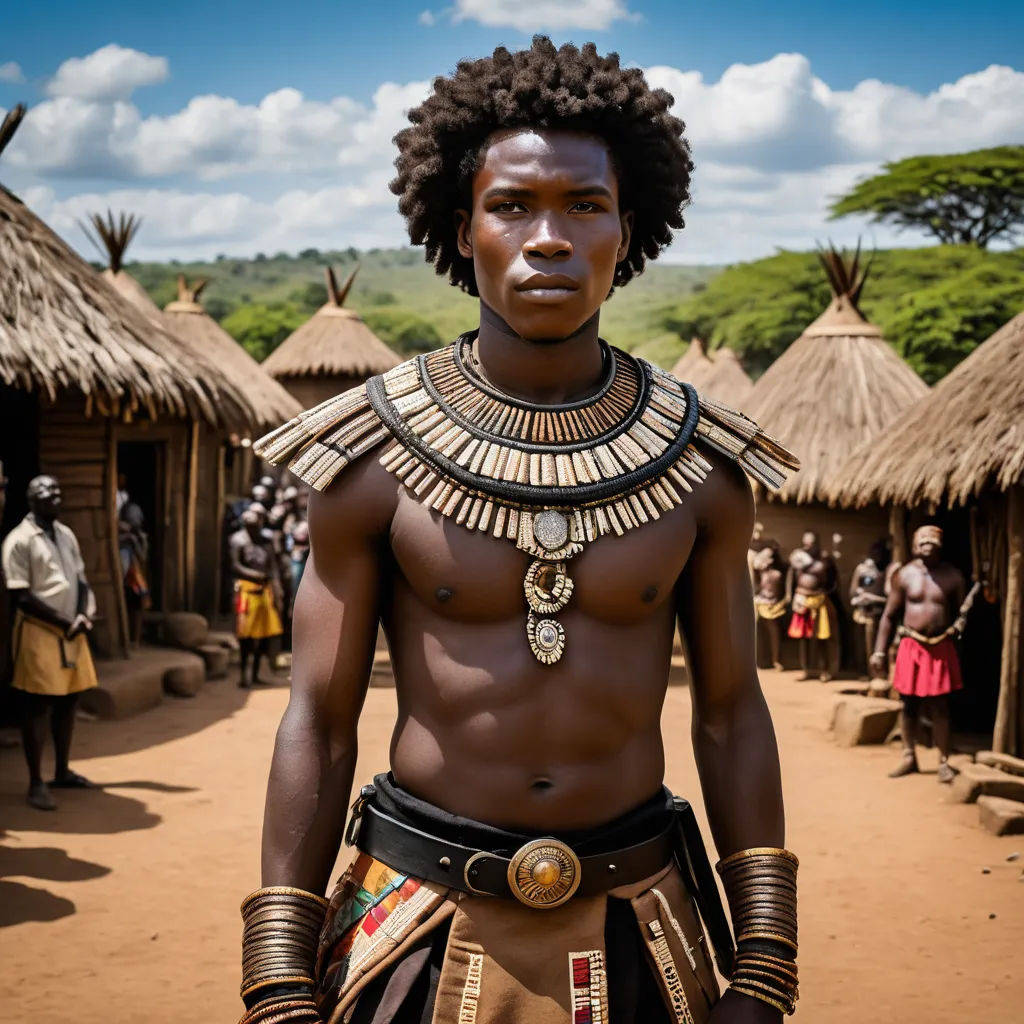a man with a large necklace and a necklace on his neck stands in front of a village with thatched huts, afrofuturism, a character portrait, Bruce Onobrakpeya, uhd 8 k