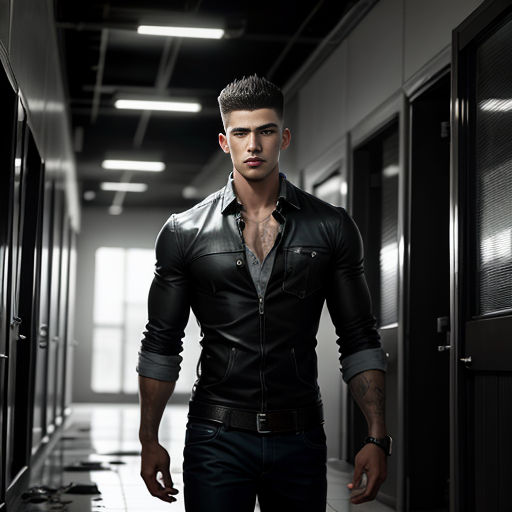 a man in a black leather jacket is standing in a hallway with a black tile floor and a black door