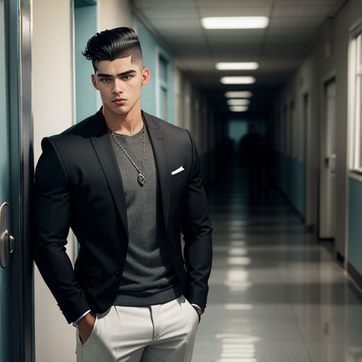 a man in a suit standing in a hallway with his hands in his pockets and his hands in his pockets