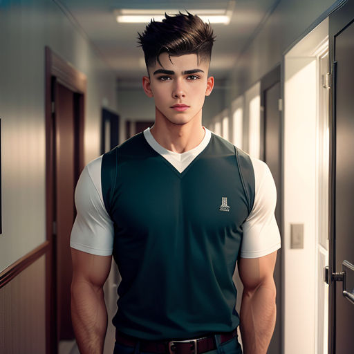 a man in a green vest standing in a hallway with a door open to another room and a hallway leading to another room