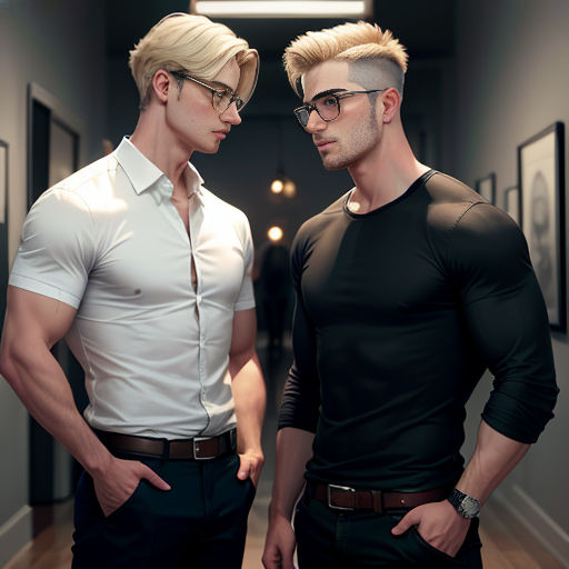 two men standing next to each other in a hallway with pictures on the wall behind them and one man with glasses on his head