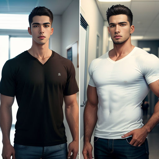 two men in white and black shirts standing in a hallway together, one is wearing a black and white shirt