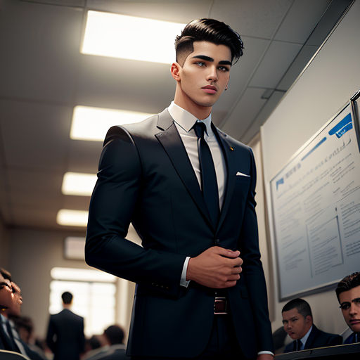 a man in a suit standing in front of a board with people in the background looking at him and smiling