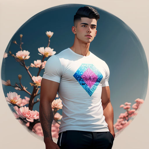 a man in a white shirt standing in front of a tree with pink flowers in the background and a blue sky