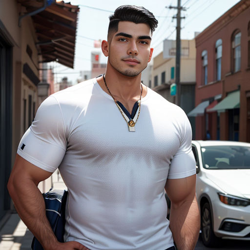 a man standing on a street with a white shirt on and a necklace on his neck and a white car parked on the side of the street