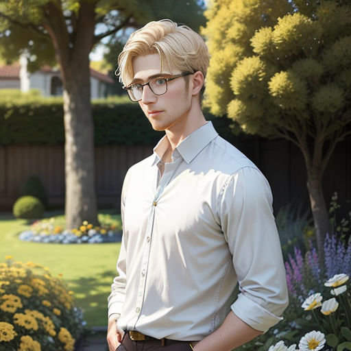 a man in glasses standing in a garden with flowers and trees in the background, wearing a shirt and pants