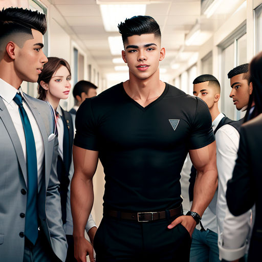 a group of people standing in a hallway next to each other wearing suits and ties and looking at each other
