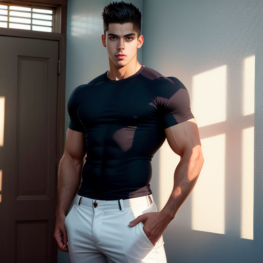 a man in a black shirt and white pants standing in a room with a door and window behind him