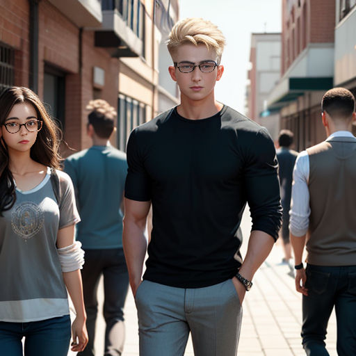 a man and a woman walking down a street together, with a man in a black shirt and a woman in a gray shirt