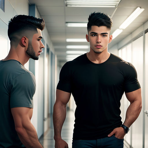 two men standing in a hallway with one looking at the other with a serious look on his face and shoulder