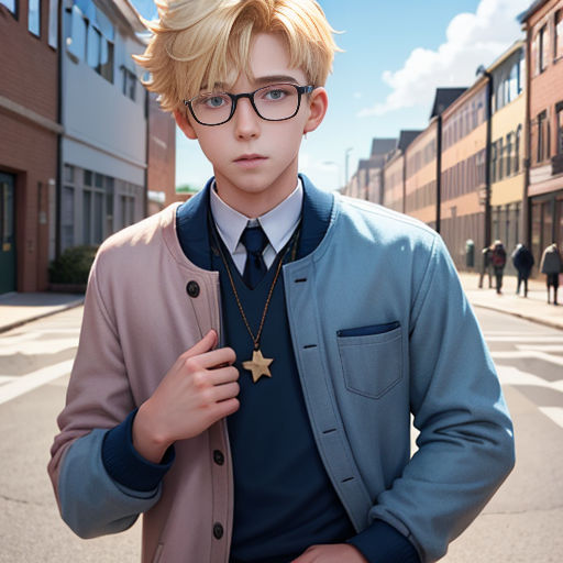 a boy in glasses and a jacket is standing on the street with a star necklace on his neck and a star necklace on his neck