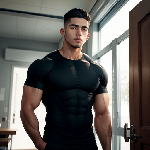 a man in a black shirt standing in front of a door with his hands on his hips and looking at the camera