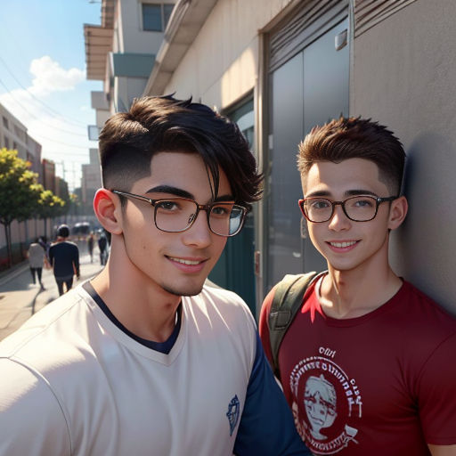 two young men standing next to each other on a street corner with buildings in the background and one wearing glasses