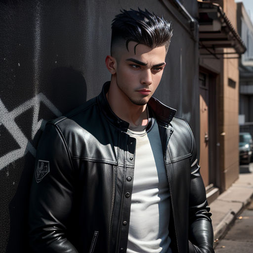 a man in a leather jacket leaning against a wall with graffiti on it's side and looking at the camera