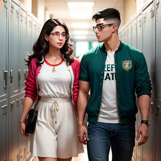a man and a woman walking down a hallway together holding hands and looking at each other with a locker behind them