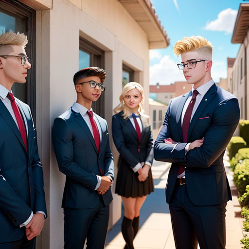 a group of young men and women dressed in suits and ties standing outside a building with their arms crossed