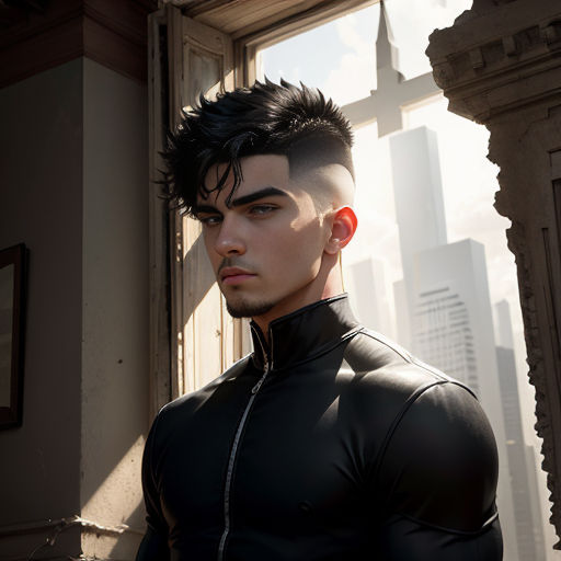 a man with a mohawk standing in front of a window in a black suit with a cityscape in the background